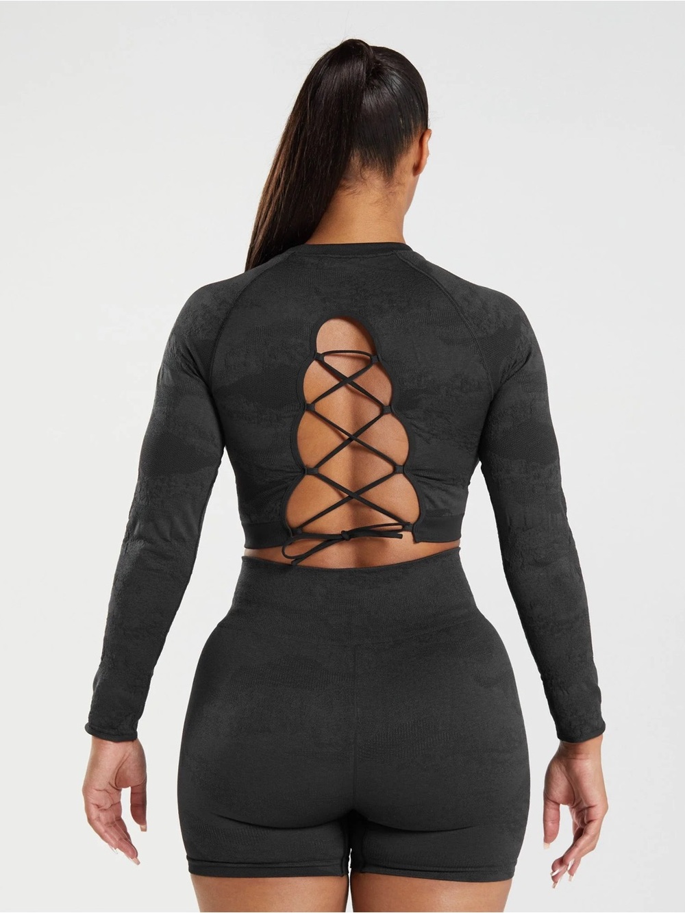 Gymshark Black Long-Sleeve Cropped Seamless Camo Top Tie Back